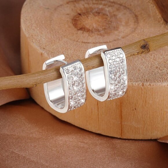 Sterling Silver Small Chunky Hoop Earrings with Cubic Zirconia, Hypoallergenic, - Picture 5 of 6